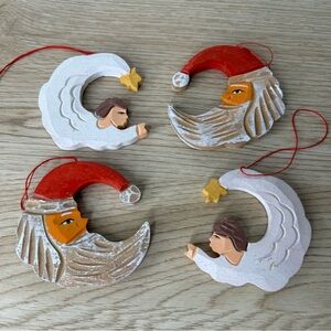 Santa and Angels Crescent Moon Vintage Carved Wooden Christmas Ornament Set Of 4